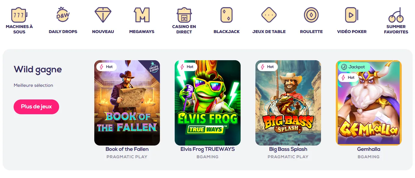 Sélection de jeux de casino sur Wild Fortune